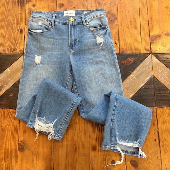 Frame Denim Denim - FRAME Le High Straight Jeans Light Wash Distressed Raw Hem Women 26 Crop Ankle
